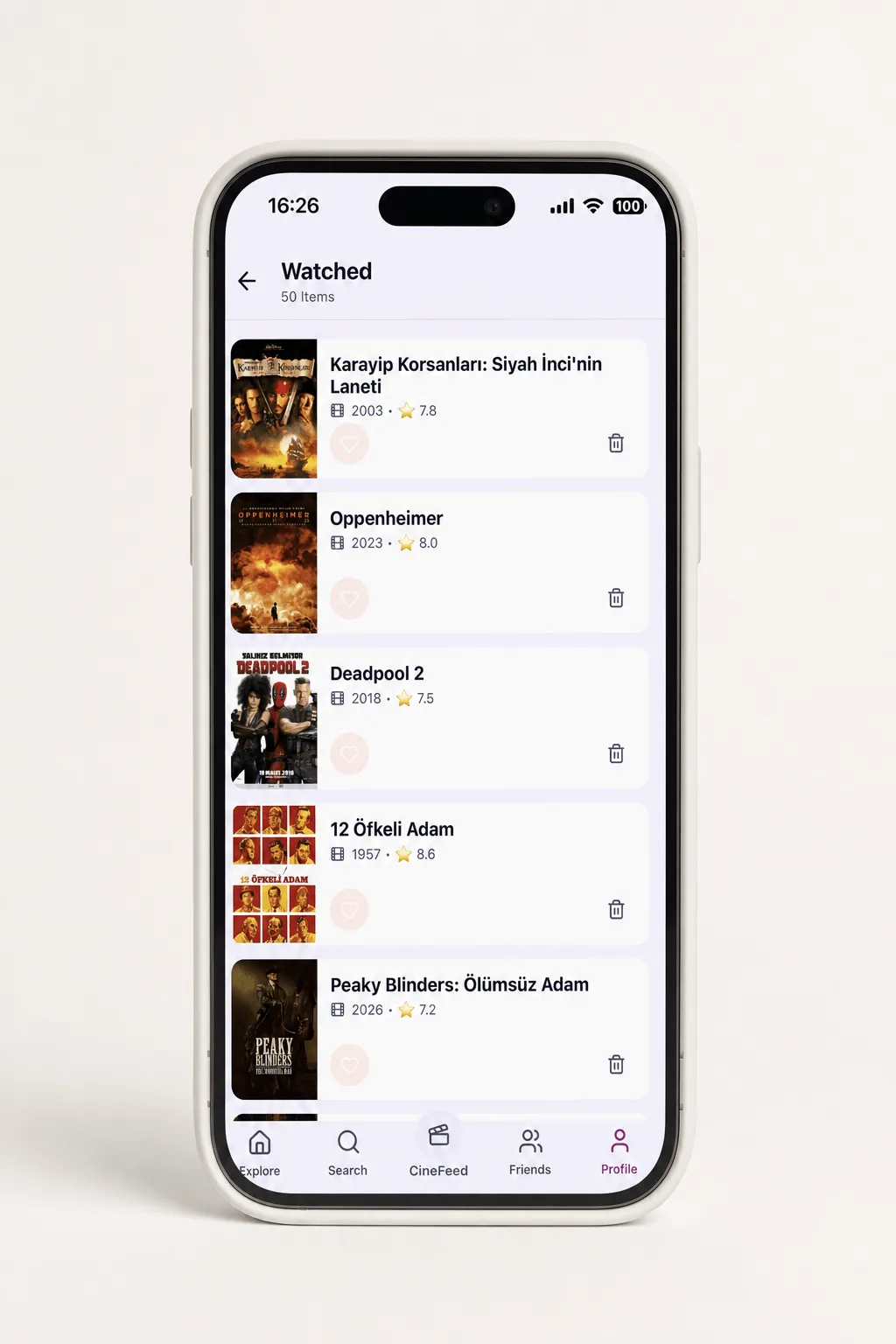 FlickCheck — Profil ekranı, popünerle birlikte