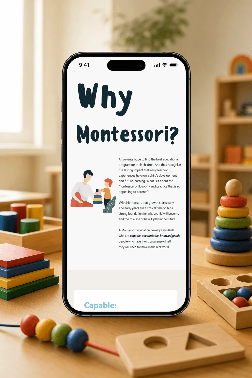 Oak Tree Montessori — Mobil görünüm, Why Montessori? sayfası